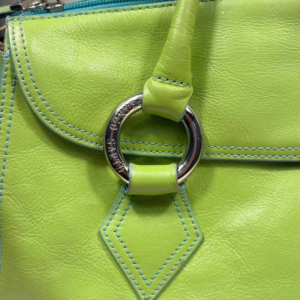 Franco Sarto Satchel Bag Womens Medium Lime Green Leather Blue Trim Excellent - Picture 2 of 8